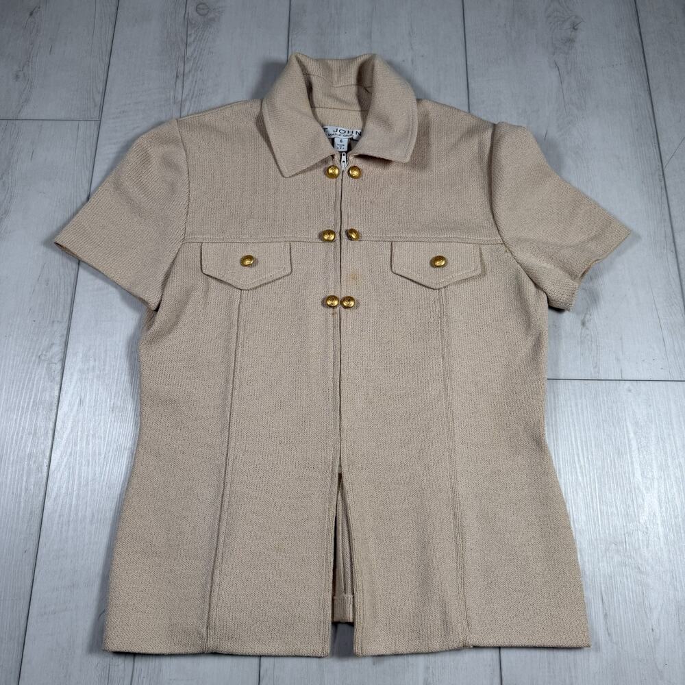 St. John Marie Tan Knit Short Sleeve Blazer Jacket Beige Gold 6 Old Money